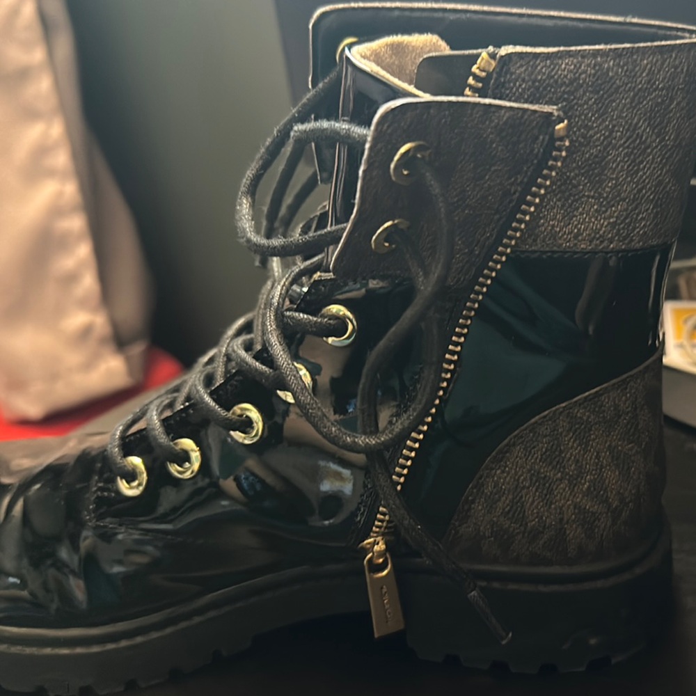 Michael Kors Glossy Black and Gold Moto Boots
